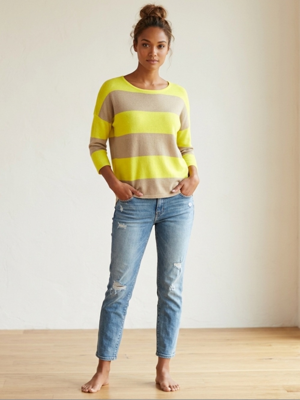 The Limited Stripe 3/4 Sleeve Crewneck Sweater